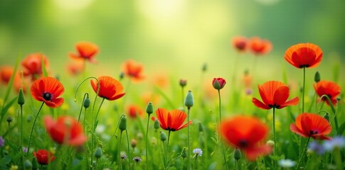 Fototapeta premium A colorful meadow filled with wild red poppies and other spring wildflowers, colorful meadow, nature, green