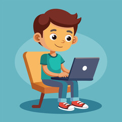 a boy is using his laptop vector