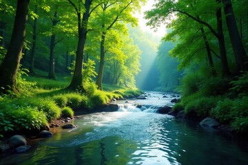 Obraz premium River flowing through lush forest of towering trees, trees, landscape, water