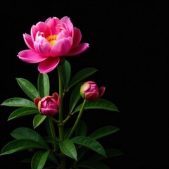 Obraz premium Dark green foliage with colorful peony blooms against a black background, plant arrangement, nature, flowers