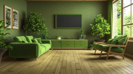 An earth-toned minimalist living room featuring a moss green sofa and armchair