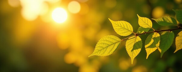 Obraz premium Golden linden tree leaves glowing in the soft warm afternoon sun's gentle rays, leaves, morning, trees