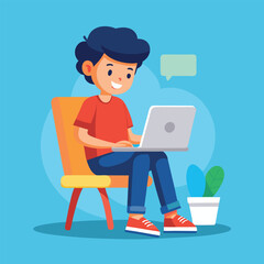 a boy is using his laptop vector