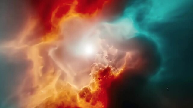 Fantasy animation scene cosmic nebula. A vibrant, swirling nebula bursts with fiery oranges, reds, and cool teals, creating a mesmerizing celestial dance around a brilliant central light.