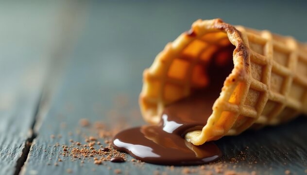 Chocolate sauce drips from a warm waffle cone, cold, crunchy, treat