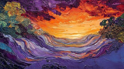 Vibrant sunset over ocean waves, tropical beach background, art print