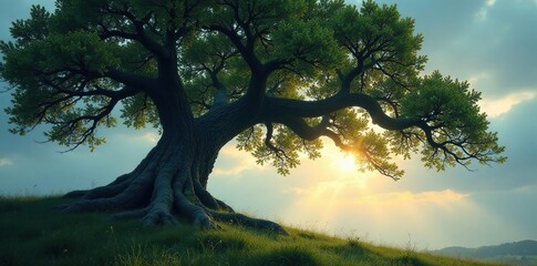 Ancient, gnarled branches stretch towards sky, Mysterious, Tree, Oak