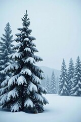 Obraz premium Pine trees covered in snowflakes against a gray sky, tree shedding, cold weather, wintery atmosphere