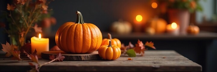 Seasonal decoration with pumpkin and candles on a wooden side table, side table, warm glow, candle
