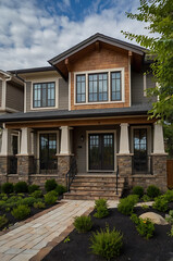 Fototapeta premium Luxury Modern Home Exterior Design: Stone and Wood Facade, Landscaping, and Pathway