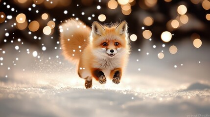 Obraz premium A charming little fox leaps joyfully through the soft, glistening snow, surrounded by twinkling lights in a serene winter forest