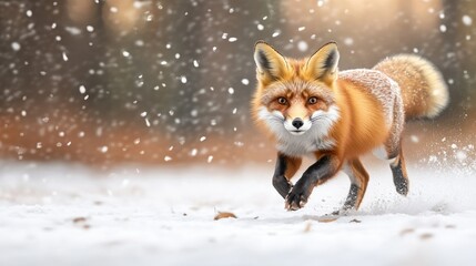 A lively fox joyfully darts through a picturesque snowy landscape on a chilly winter morning, surrounded by tall trees in the forest