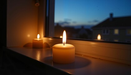 Warm lit candle on windowsill at nighttime, embracing Earth Hour