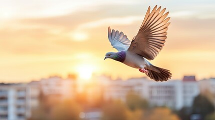 A bird soars gracefully against the backdrop of a stunning sunset that paints the sky with vibrant colors over a city skyline adorned with soft, fluffy clouds