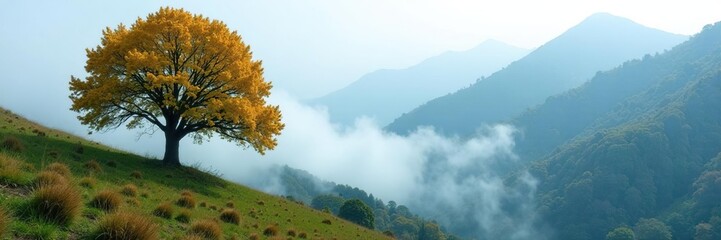 Fototapeta premium Foggy low clouds envelop trees on mountainside, nature, tree