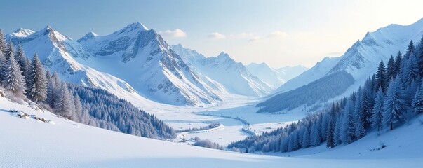 Frosty valley landscape with snow-covered peaks and icy textures, winter, snowy, mountains