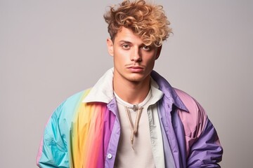 Obraz premium A man with a rainbow jacket and a necklace