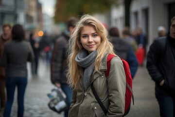 Obraz premium A woman with a red backpack and a scarf is smiling in front of a crowd of people