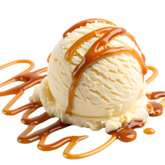 Tasty ice cream ball with caramel sauce on white background