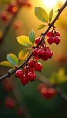 Fototapeta premium Barberry berries glisten in the sunlight on a tree branch, sunlight, shine, foliage