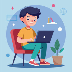 a boy is using his laptop vector