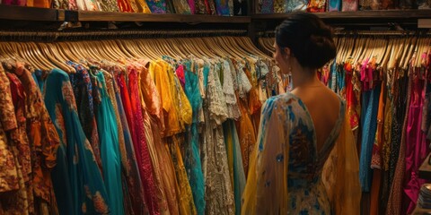 Fototapeta premium A woman admires colorful traditional dresses in a boutique, ideal for fashion retail, cultural events, or textile promotions.