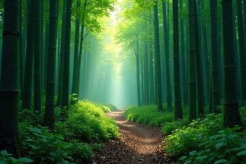 Obraz premium Forest trail winding through misty bamboo forest, trail, serene