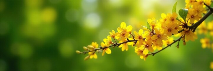 Fresh yellow flowers blooming on a tree branch, greenery, tree, nature