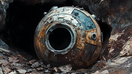 Fantasy animation scene derelict space capsule. A weathered, rusty space capsule rests within a dark, rocky cave, hinting at a forgotten mission or a lost era of space exploration. - Powered by Adobe
