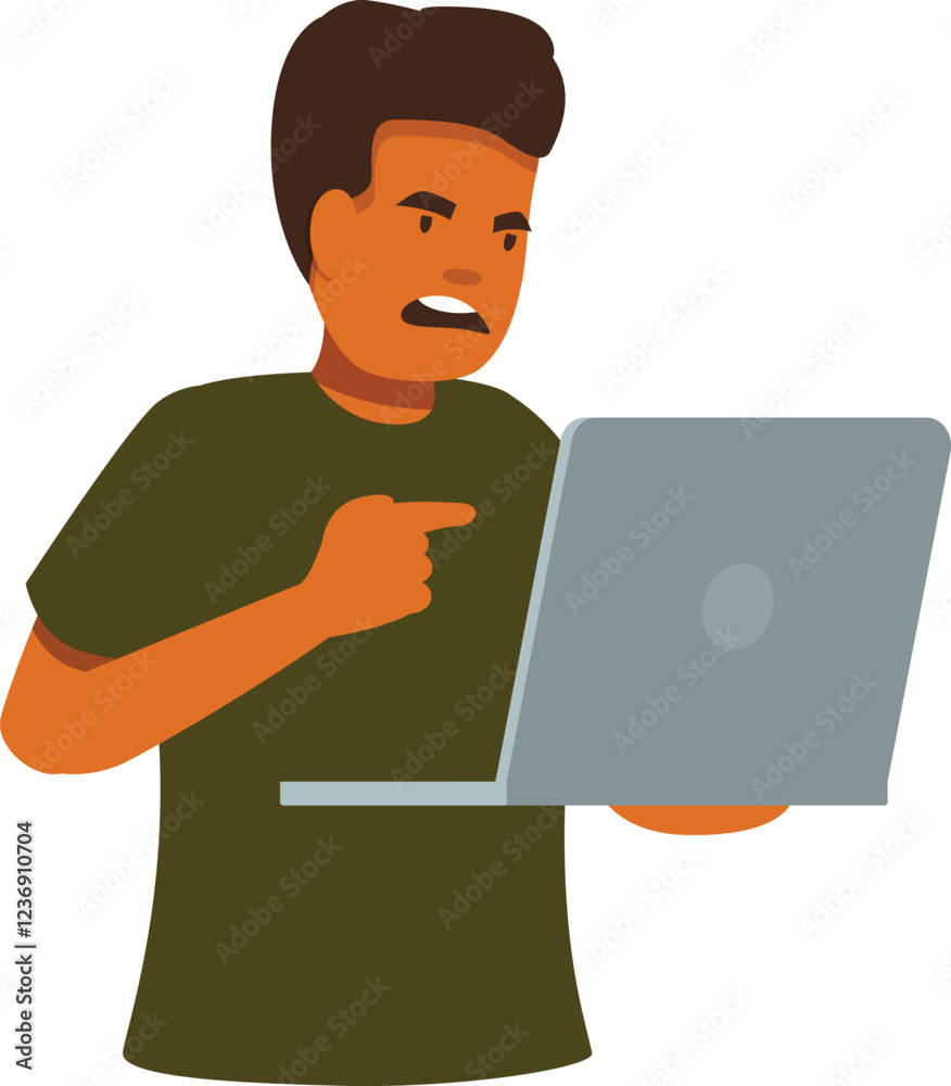 Poster programmer getting angry and pointing at his laptop screen because of an error message