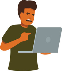 Programmer getting angry and pointing at his laptop screen because of an error message