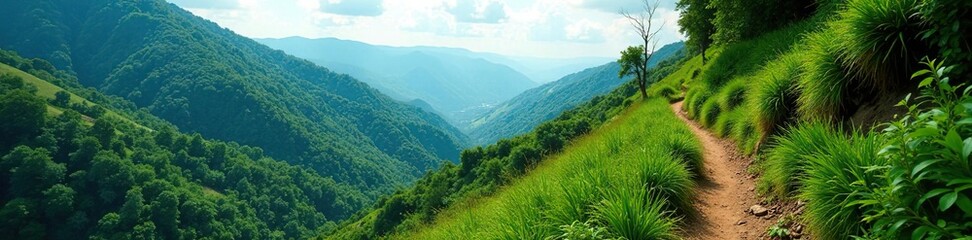 Steep hillside trail winding through dense foliage, greenery, valley, hills