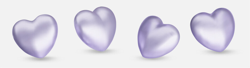 Collection of realistic purple valentine hearts. 3d render heart. Vector illustration