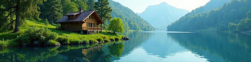 A tranquil lake with a small wooden cottage in the background, water, reflection