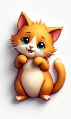 Adorable, fluffy orange tabby kittens with large, expressive eyes and playful expressions. These cute, cartoon-style cats have soft fur, a white belly, and a charming, friendly pose.