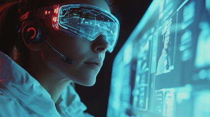 Futuristic Call Center Agent with Augmented Reality Glasses in High-Tech Environment
