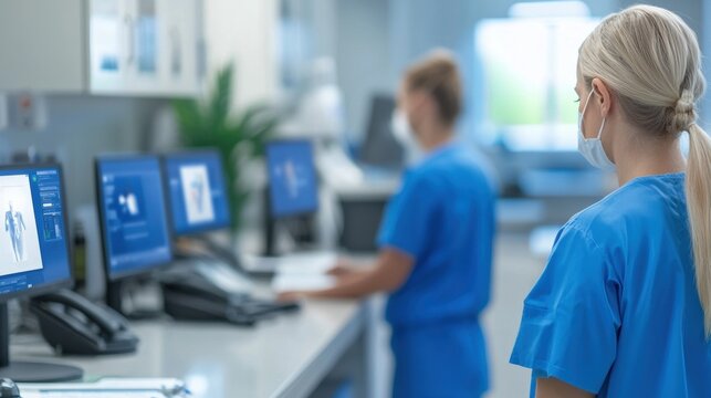 Healthcare professionals analyzing patient data on computer screens in modern hospital