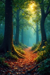 Obraz premium Shimmering forest floor with sparkly leaves and glowing tree bark, forest floor, glowing foliage
