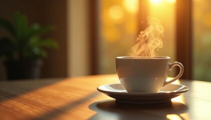Soft morning light shines on a steaming cup of coffee, peaceful atmosphere, morning