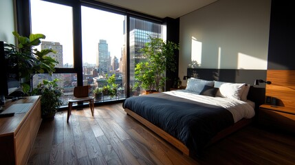 Modern bedroom with city view, sunrise, plants