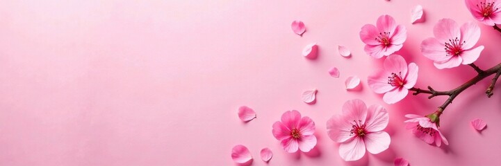 Obraz premium Delicate cherry blossom petals scattered on pink paper background, nature, texture, gentle