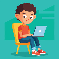a boy is using his laptop vector