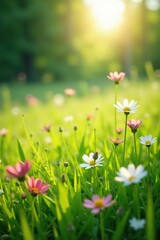 Obraz premium Softly swaying wildflowers in a lush green meadow, meadow, sunlight