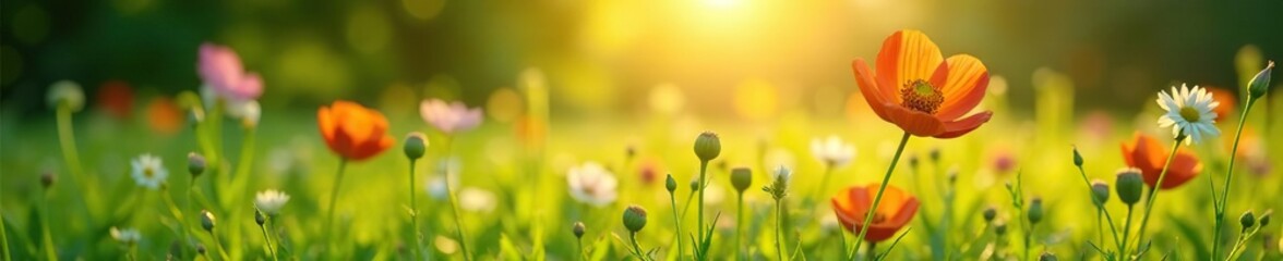 Fototapeta premium Sunlight filters through flowers in green meadow, nature, sunlight