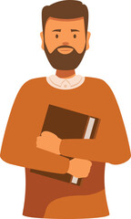 Bearded teacher holding a book in his arms, symbolizing education and knowledge