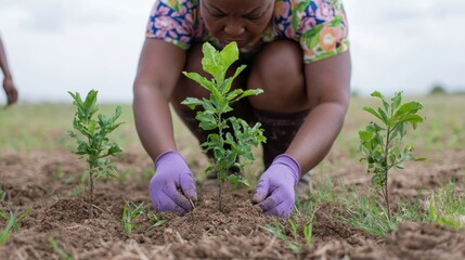 Woman planting saplings in field; reforestation effort