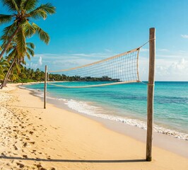 Long beach with blue waters and white fine sand, palm trees along the shore and blue sky. Volleyball net on the sand create a vibrant sporty joung ambiance.
