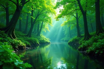 Fototapeta premium Dense forest foliage surrounds a gentle river, nature, water