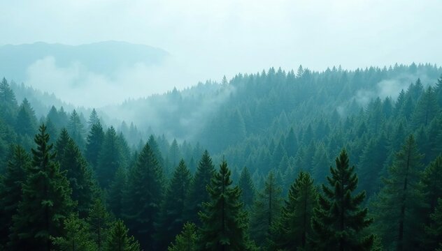 Foggy tree tops in a dense forest environment, wilderness, misty