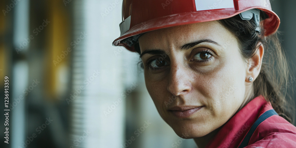 Poster skilled worker in a hard hat focuses on her task